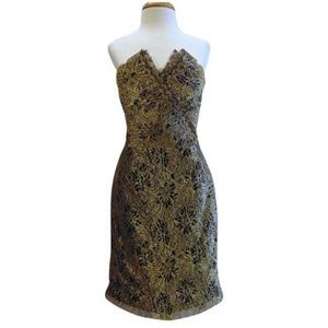 Monique Lhuillier gold lace cocktail formal dress